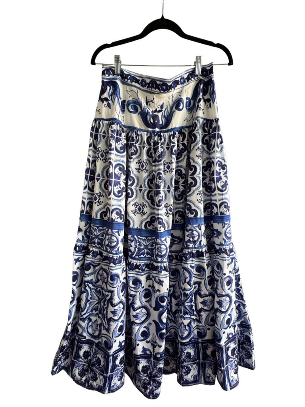 Designer-Style Blue Majolica Tiered Maxi Skirt